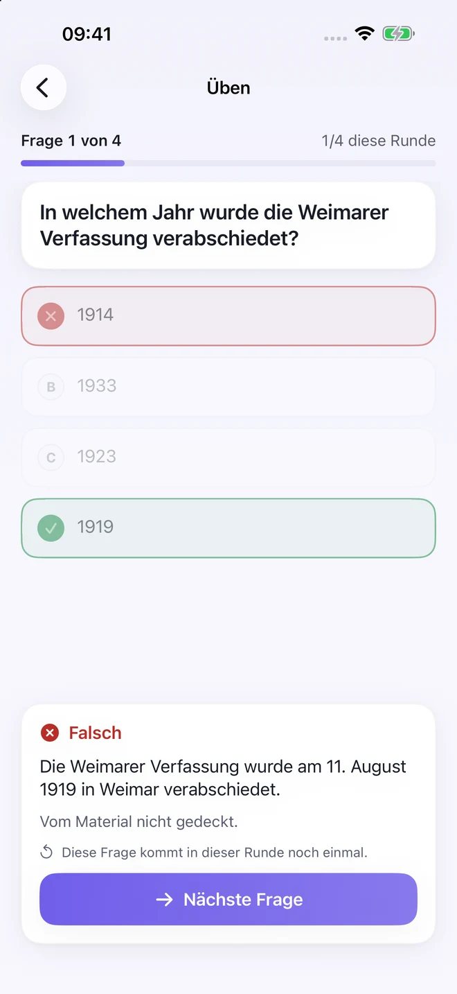 Quizel zeigt die richtige Quizantwort mit Erklärung