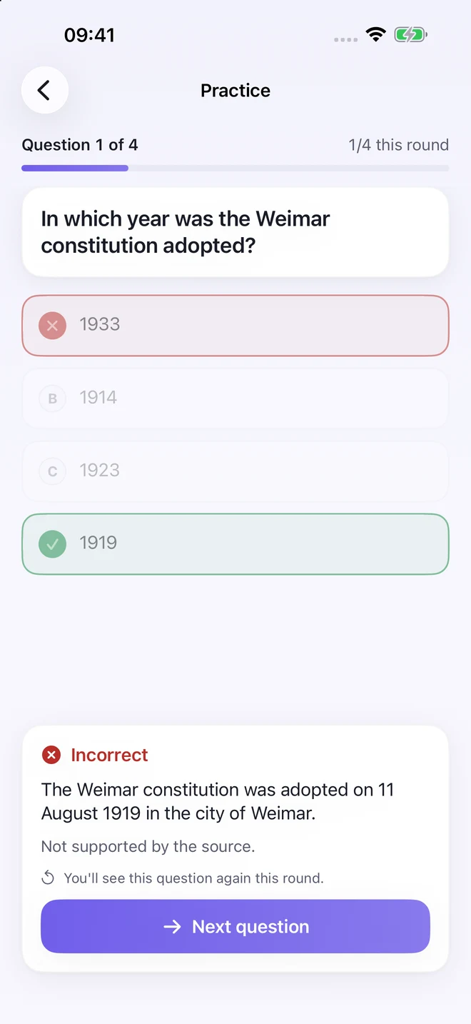 Quizel showing the correct quiz answer with an explanation