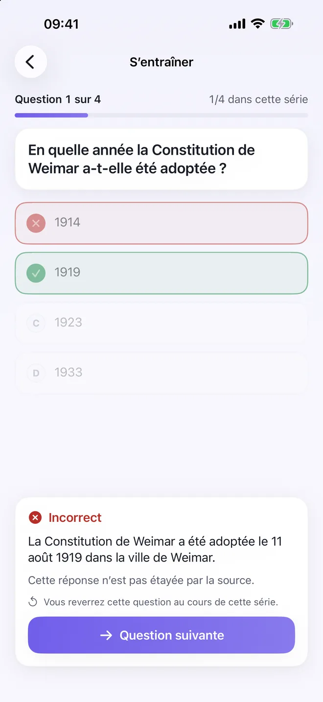 Quizel affiche la bonne réponse avec une explication
