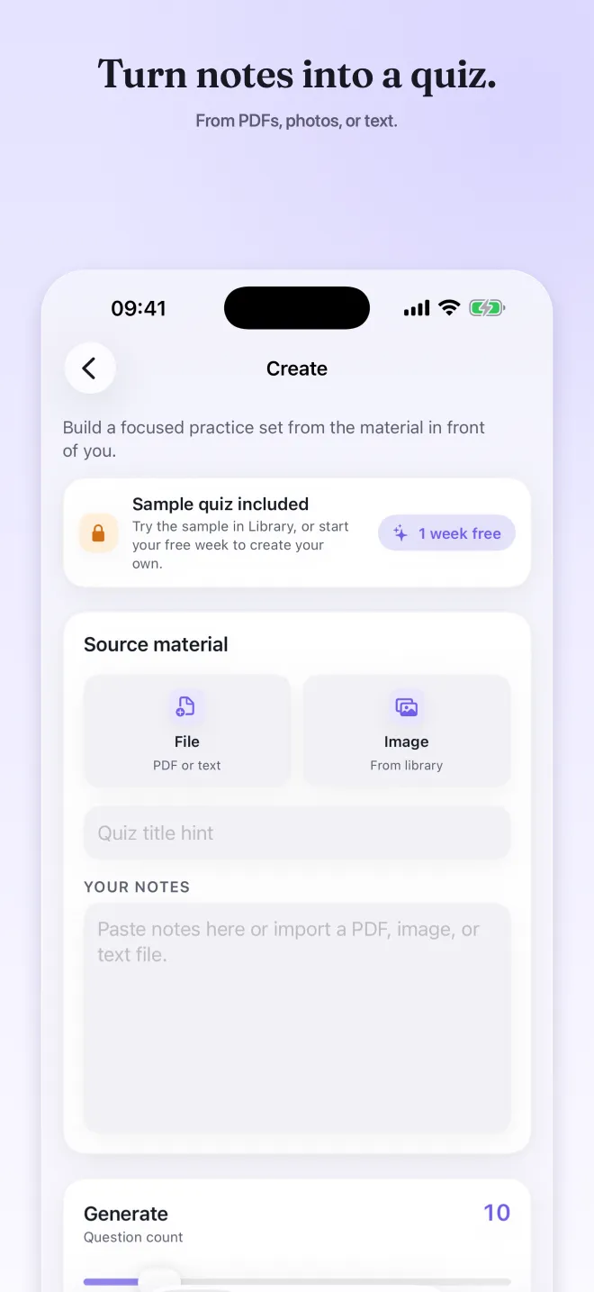 Quizel screen for creating a quiz from a file, image or pasted notes