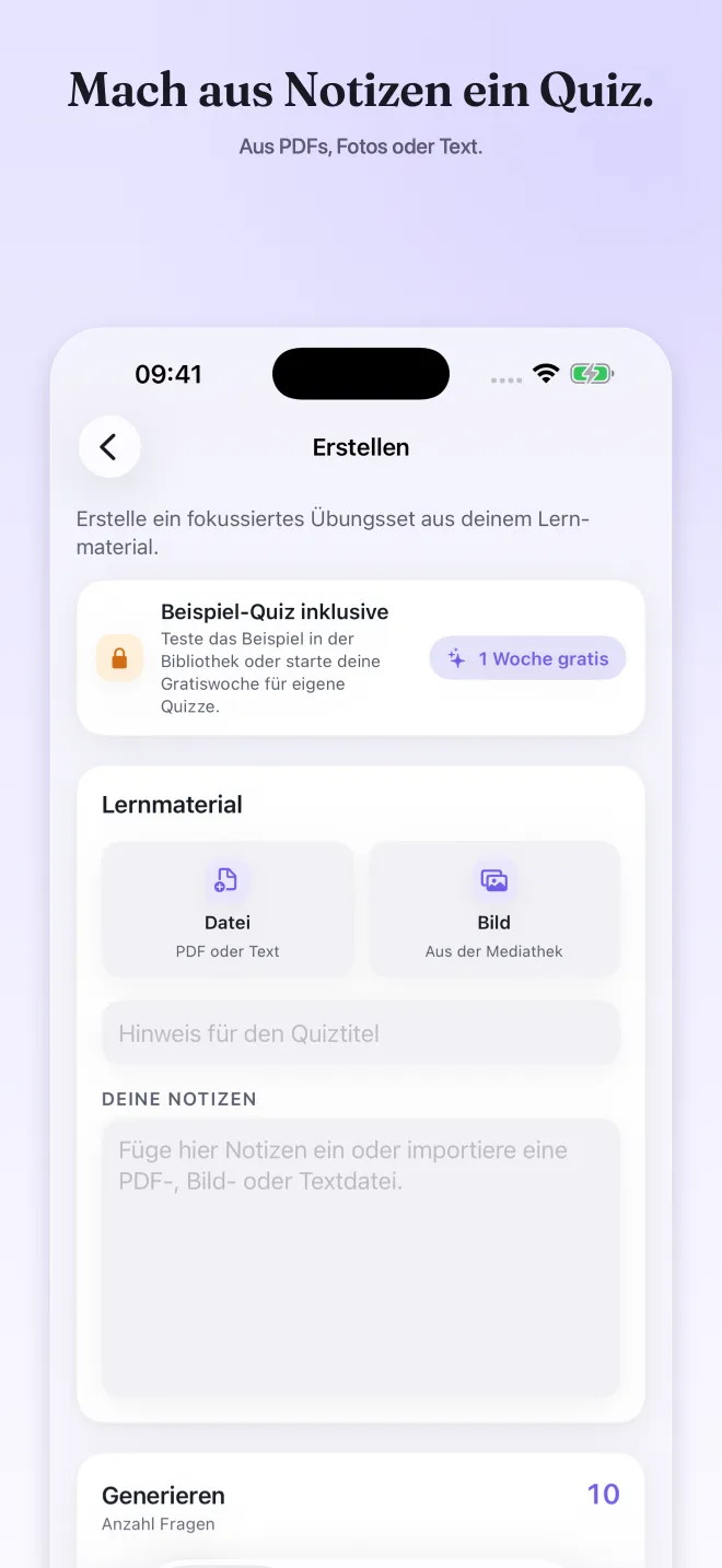 Quizel-Ansicht zum Erstellen eines Quiz aus Datei, Bild oder Notizen