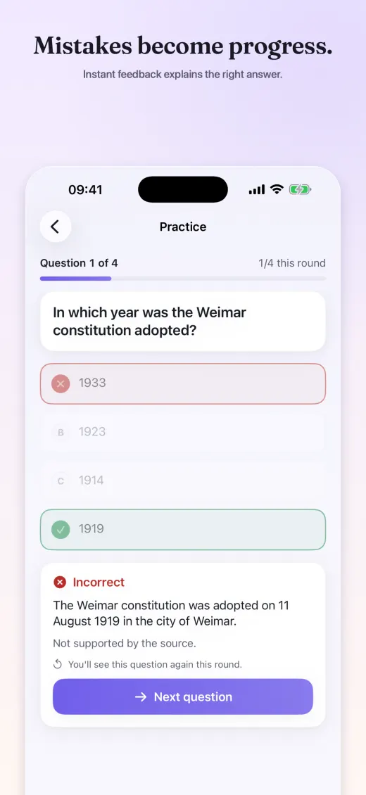 Quizel shows the correct answer and feedback after a mistake