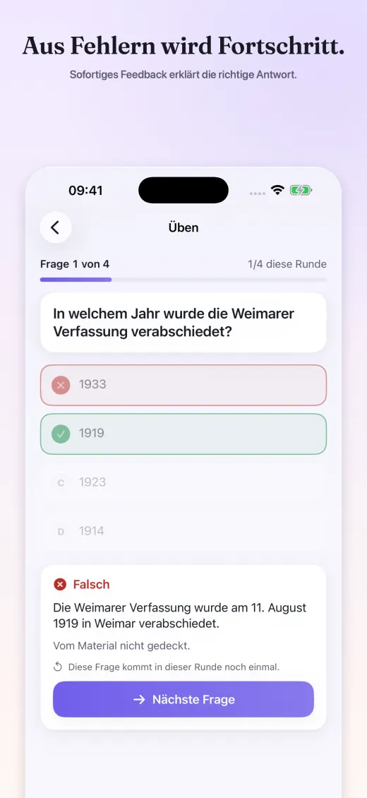 Quizel zeigt nach einer falschen Antwort die richtige Lösung und Feedback