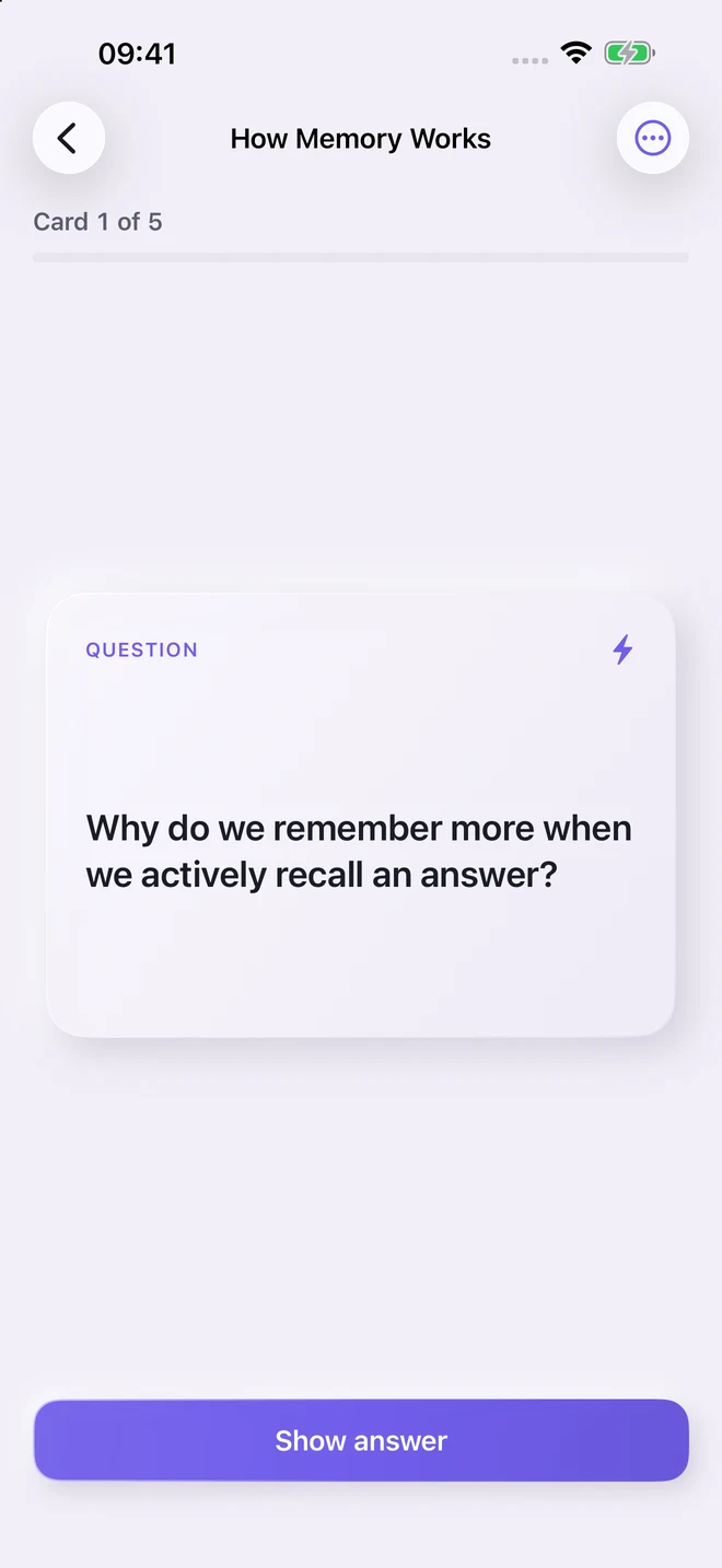 Quizel flashcard showing a question and the button to reveal the answer