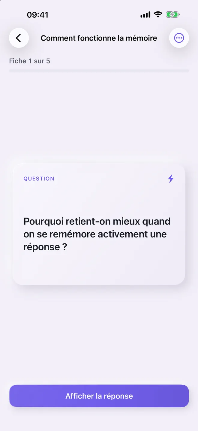 Fiche Quizel avec une question et un bouton pour afficher la réponse