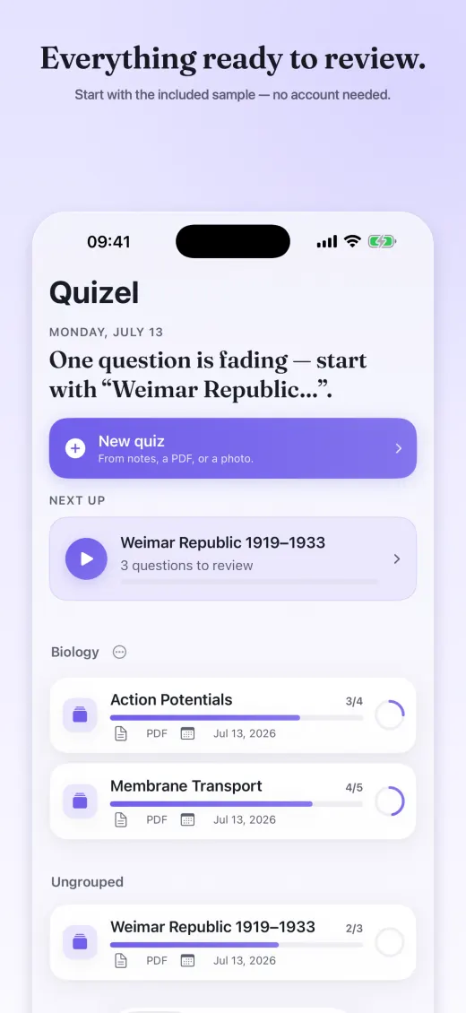 Quizel library with saved quizzes and an upcoming review