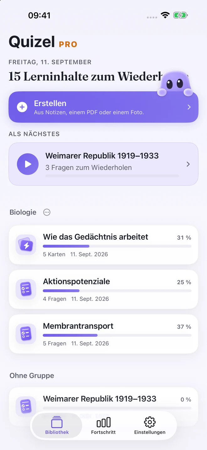 Aktuelle Quizel-Bibliothek mit Quizzen, Karteikarten und Prüfungsreife
