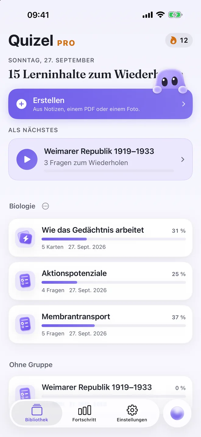 Quizel-Bibliothek mit Quizzen, Karteikarten und dem nächsten Lernschritt