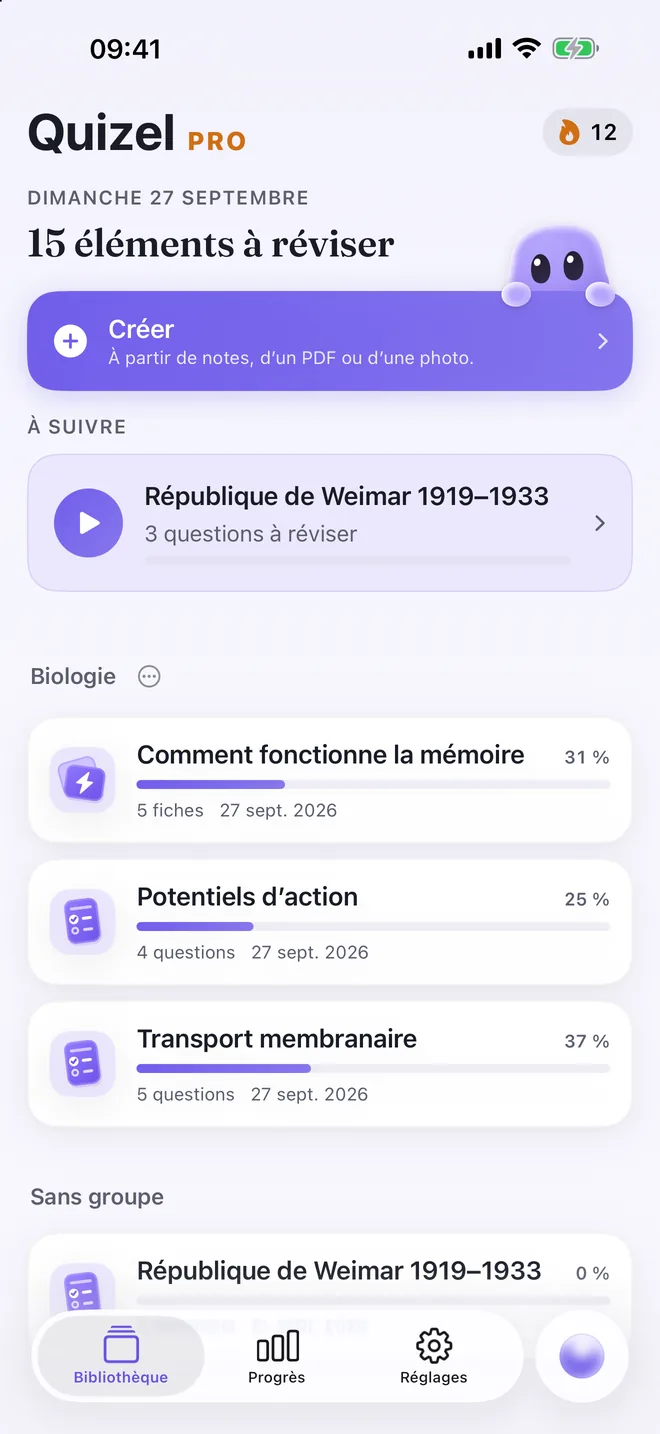 Bibliothèque Quizel avec quiz, fiches et prochaine étape de révision