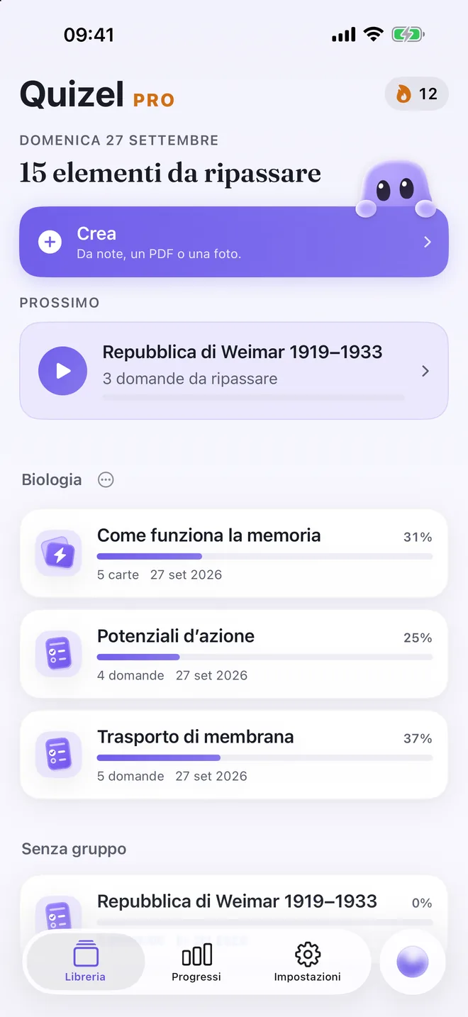Libreria di Quizel con quiz, flashcard e il prossimo passo di studio