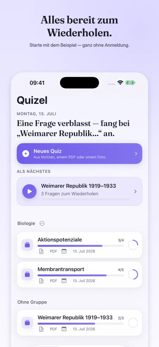 Quizel-Bibliothek mit gespeicherten Quizzen und anstehender Wiederholung
