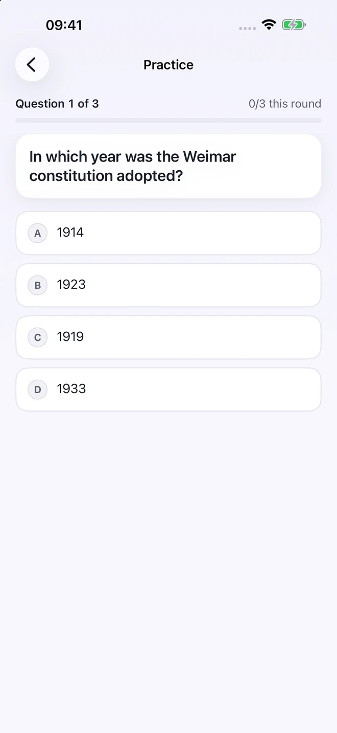 Multiple-choice quiz in the updated Quizel app
