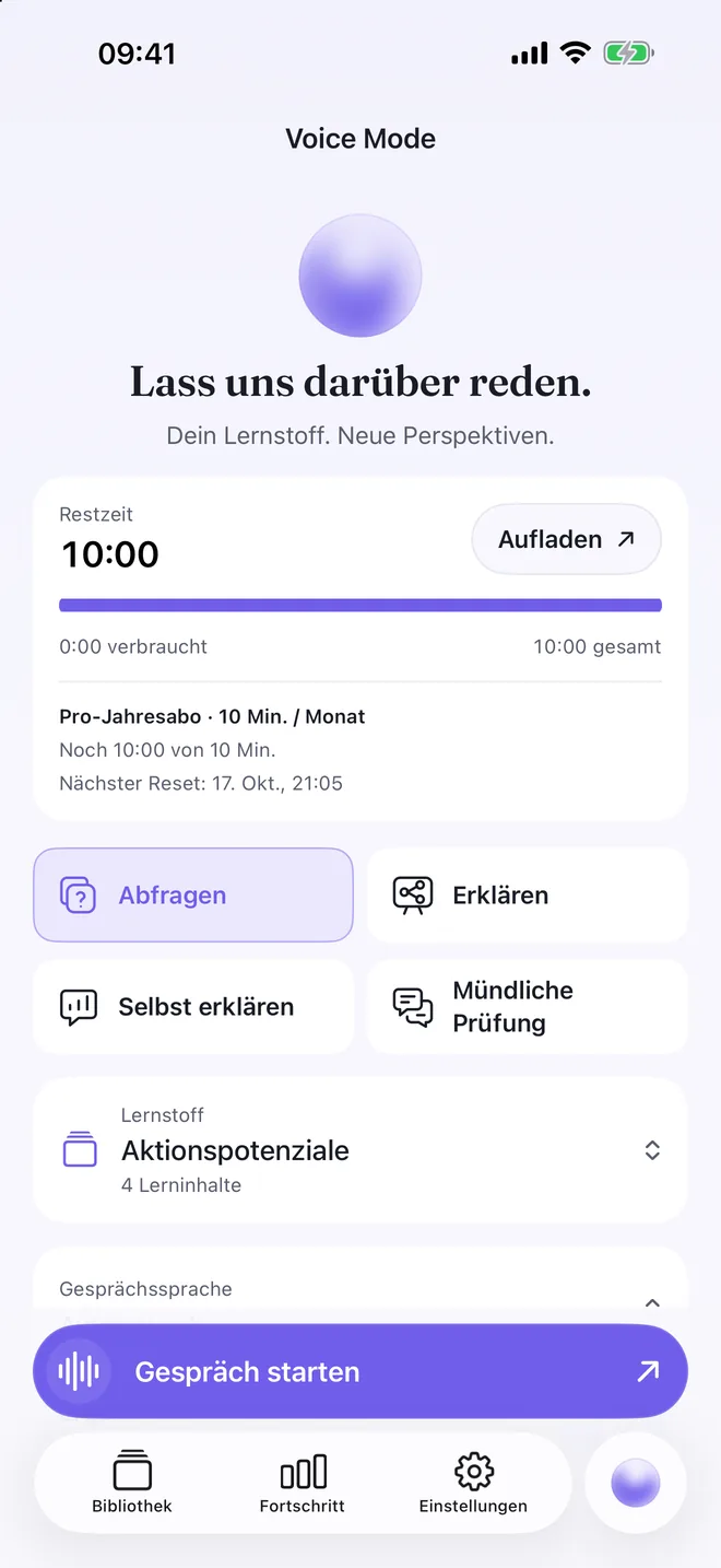Voice Mode in Quizel mit den Modi Abfragen, Erklären, Selbst erklären und Mündliche Prüfung