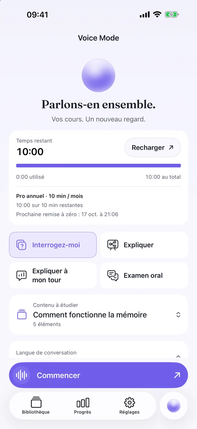 Voice Mode dans Quizel avec les modes Interrogez-moi, Expliquer, Expliquer à mon tour et Examen oral