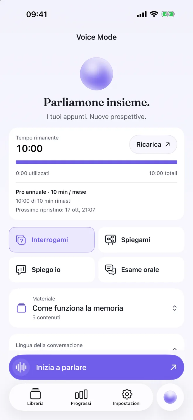 Voice Mode in Quizel con le modalità Interrogami, Spiegami, Spiego io ed Esame orale